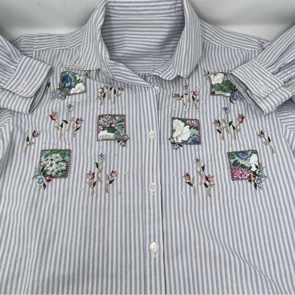 Floral Patchwork Pearl Embellished Cotton Long Sleeve Blouse Size 1X Striped - Picture 9 of 13